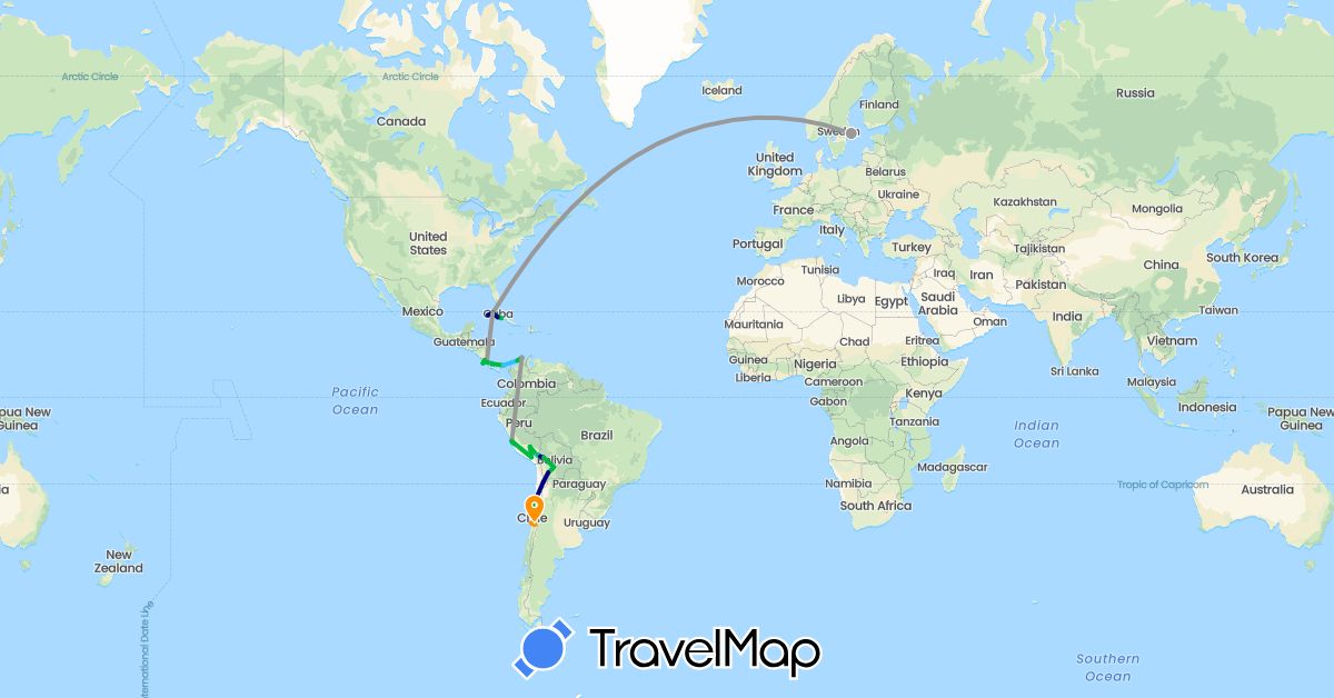 TravelMap itinerary: driving, bus, plane, boat, hitchhiking in Bolivia, Chile, Colombia, Costa Rica, Cuba, Panama, Peru, Sweden (Europe, North America, South America)